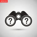 Silhouette of binoculars with question marks inside each lens, set against a white background. The Royalty Free Stock Photo