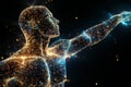 silhouette of biorobot of human body with lights and neural connections in form of hologram on dark background with light, an