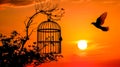 Freedom at sunset: bird escaping cage against vibrant sky Royalty Free Stock Photo