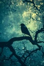 Silhouette of a Bird Perched on a Tree Branch Against a Starry Twilight Sky