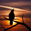Silhouette of a bird perched on a tree branch set against a dramatic Royalty Free Stock Photo