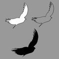 Silhouette of the birds. Black contours of flying birds. Tattoo vector illustration isolated on gray background Royalty Free Stock Photo