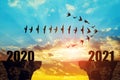 Silhouette of birds flying in arrow formation into the New Year 2021. Royalty Free Stock Photo