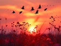 Silhouette of birds flying at dusk