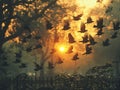 Silhouette of birds flying at dusk