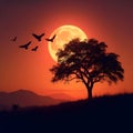 silhouette of birds flying with a lone tree in the foreground. Royalty Free Stock Photo