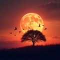 silhouette of birds flying with a lone tree in the foreground. Royalty Free Stock Photo