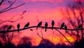 Silhouette of birds perching on branch, vibrant sunset backdrop generated by AI Royalty Free Stock Photo