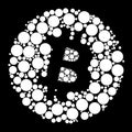 Silhouette Bitcoin BTC token symbol in circle filled with circles on black.