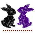 Silhouette black and blue, two hares stand on two paws, on a white background