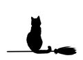 Silhouette of black cat flying on broom isolated on white Royalty Free Stock Photo