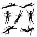Silhouette Black Characters Swimming and Diving People Set. Vector Royalty Free Stock Photo