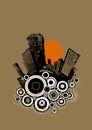 Silhouette of black city on brown background