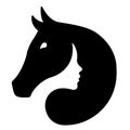 Silhouette of a black horse and the face of a white girl. Design suitable for equestrian logo, farm, emblem, company symbol