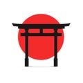 Silhouette Black Japanese Traditional Torii Gate on a Red Sun. Vector Royalty Free Stock Photo