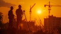 silhouette black man survey civil engineer stand on ground working in a land building site over Blurred construction worker on Royalty Free Stock Photo