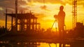 silhouette black man survey civil engineer stand on ground working in a land building site over Blurred construction worker on