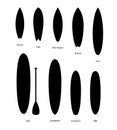 Silhouette Black Surfboards Set Surfers Equipment. Vector