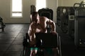 Silhouette Bodybuilder Exercising Biceps With Dumbbells In Gym