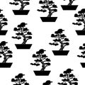 Silhouette bonsai seamless pattern, ornate tree in a pot on a white background