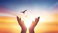 hands raised to the sky to praying and free bird enjoying nature on sunrise and overcast sky background. Royalty Free Stock Photo