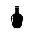 Silhouette Bottle of cognac, rum or liquor. Outline icon of alcohol, beverage. Black simple illustration of rounded glass bottle.