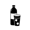 Silhouette bottle and glass with ice cubes. Outline icon of cold drink, water. Black simple illustration. Cutout isolated vector