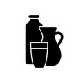 Silhouette Bottle, jug and glass with drink. Outline icon of milk, cream, kefir, yogurt or ryazhenka. Black simple illustration of