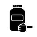 Silhouette Bottle of sports nutrition and measuring spoon with dry powder. Outline icon of muscle building protein whey. Black Royalty Free Stock Photo