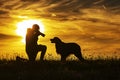 Silhouette of a boy and a dog during sunset, photographer taking a very close portrait Royalty Free Stock Photo