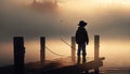 Silhouette of Boy Fishing, Misty Dawn, Made with Generative AI