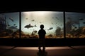 the silhouette of a boy in front of an aquarium full of fish in the aquarium Royalty Free Stock Photo