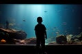 the silhouette of a boy in front of an aquarium full of fish in the aquarium Royalty Free Stock Photo