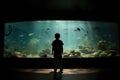 the silhouette of a boy in front of an aquarium full of fish in the aquarium Royalty Free Stock Photo