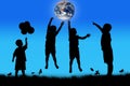 Silhouette of boy happy jumping touch the earth