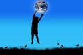 Silhouette of boy happy jumping touch the earth