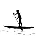 Silhouette boy rowing stand up paddleboard. Water sport, SUP surfing