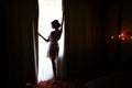 Silhouette of bride girl in the morning in full growth near window in dressing gown on wedding day