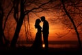 Silhouette of bride and groom on the background of the sunset, trees and lake