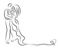 Silhouette of bride and groom, newlyweds sketch, hand drawing, wedding invitation, vector illustration