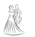 Silhouette of bride and groom, newlyweds sketch, hand drawing, wedding invitation, vector illustration Royalty Free Stock Photo