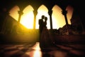 A silhouette of bride and groom.Silhouette of a bride and groom on the background of a window.