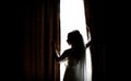 Silhouette of a bride standing before a bright window