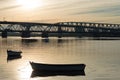 Silhouette of the bridge over the Santa Lucia river at sunset in Uruguay