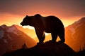 silhouette of a brown bear against the backdrop of a sunset in the mountains realistic Generative ai