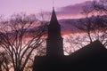 Silhouette of Bruton Parish steeple at sunset, Williamsburg, Virginia