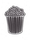 Silhouette of bucket full of popcorn. Vector illustration. Striped paper cup with junk snack.