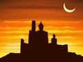 Silhouette of Buddha image and buddhist temple ruins in twilight, Thailand.