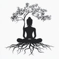 Buddha Silhouette Meditating Under Tree of Life Roots Symbolizing Enlightenment and Growth Royalty Free Stock Photo