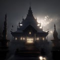 Silhouette of a Buddhist temple in the fog at night. AI Generated